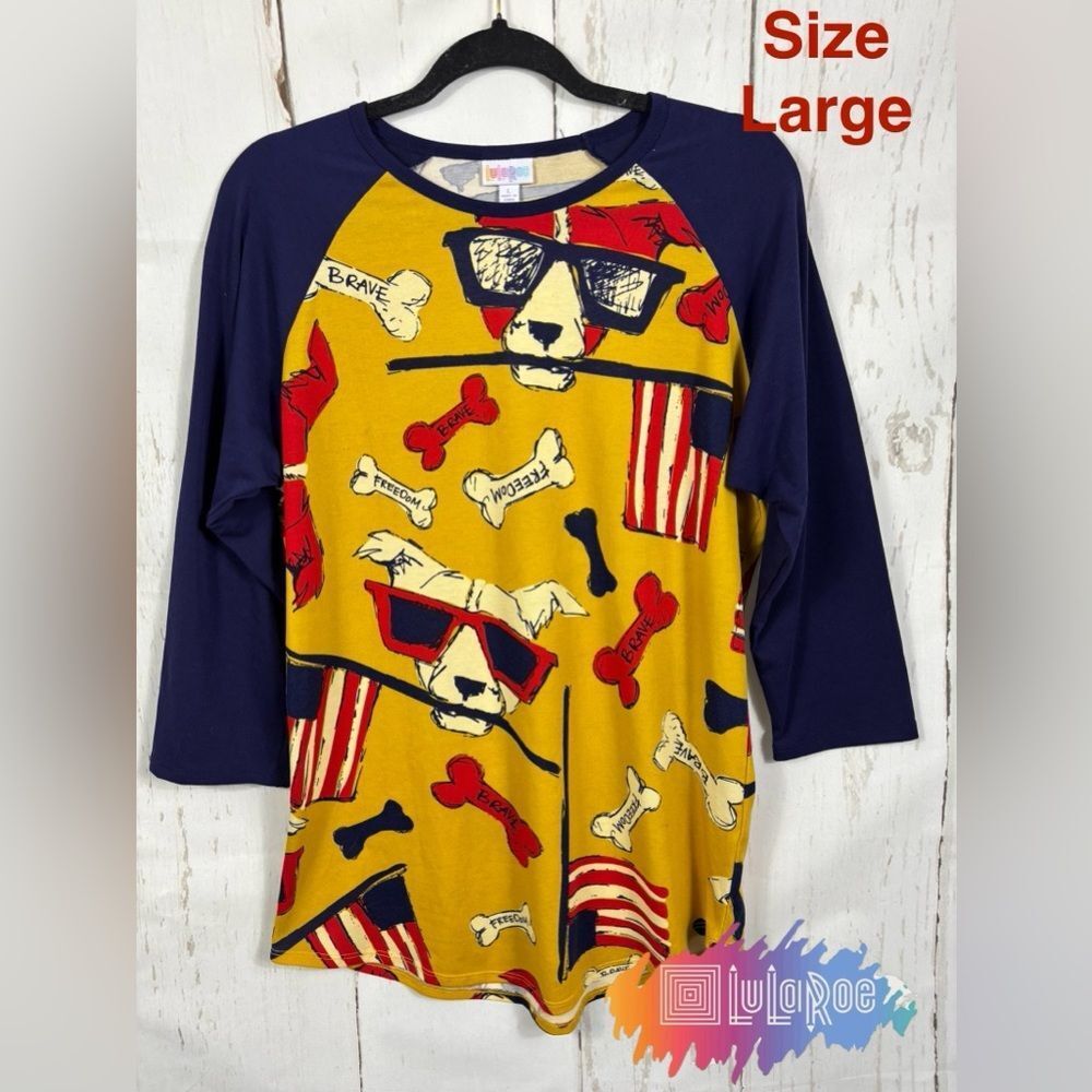 LuLaRoe Dogs American Flag Freedom Brave Shirt Tunic Womens Sz Large 3/4 Sleeve